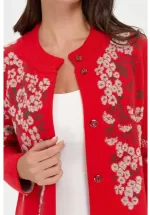 Desen Triko Kadın Dik Yaka Pıtırcık Çiçekli Yün Ceket-24019 - Görsel 3