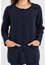 Desen Triko Omzu ve Cebi Çiçek Desenli Yün Hırka-23008 - Görsel 4